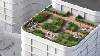 En arkitekttegning af en bygning med tagterrasse i byen