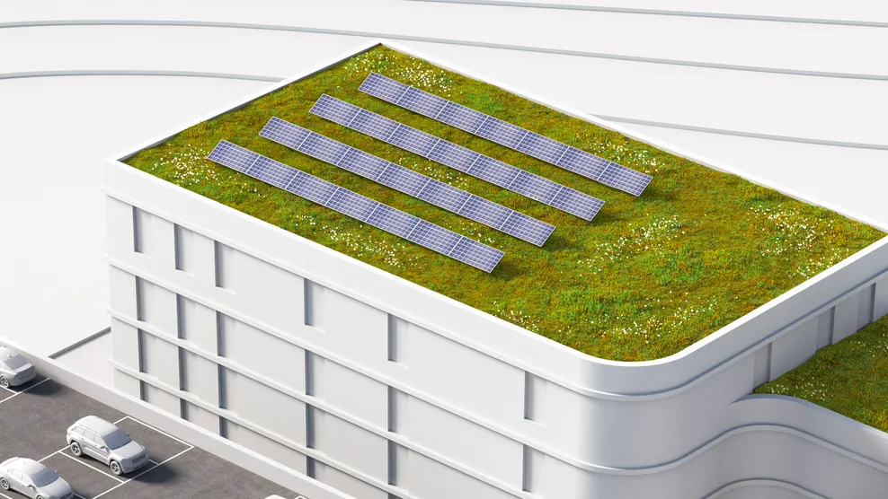 En hvid model af en bygning med sedum tag og solceller