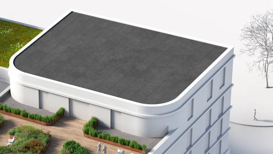 En hvid arkitekturmodel af en bygning med universal tagpap